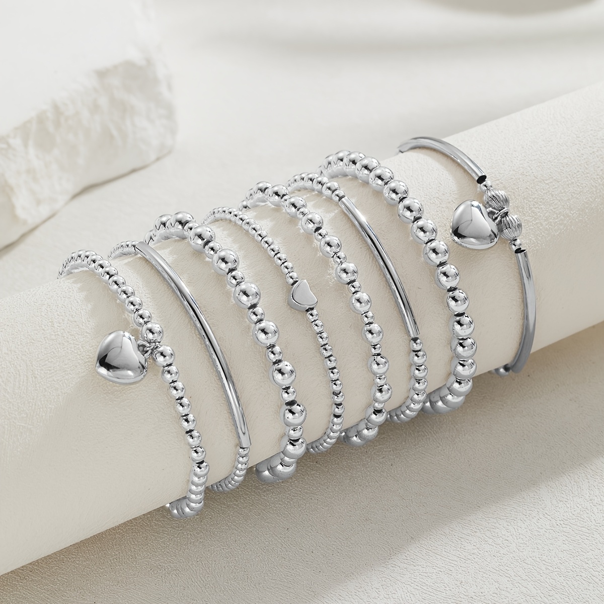 8pc Silvery Beaded Heart Pendant Multi-layered Stackable Bracelet Set